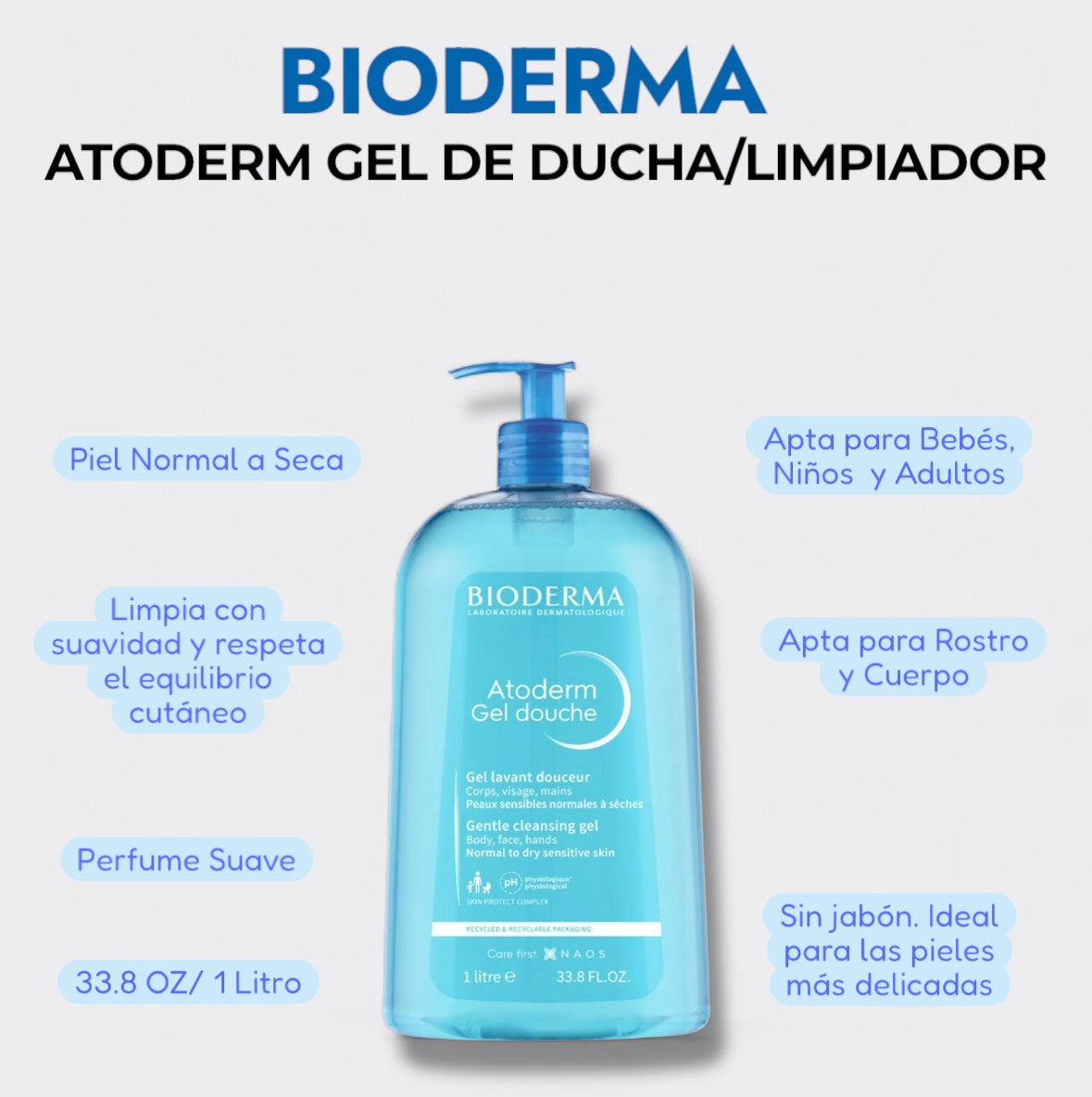 BIODERMA Atoderm Gel de Ducha/ Limpiador 1Litro 33.8 OZ (Piel Normal a Seca)