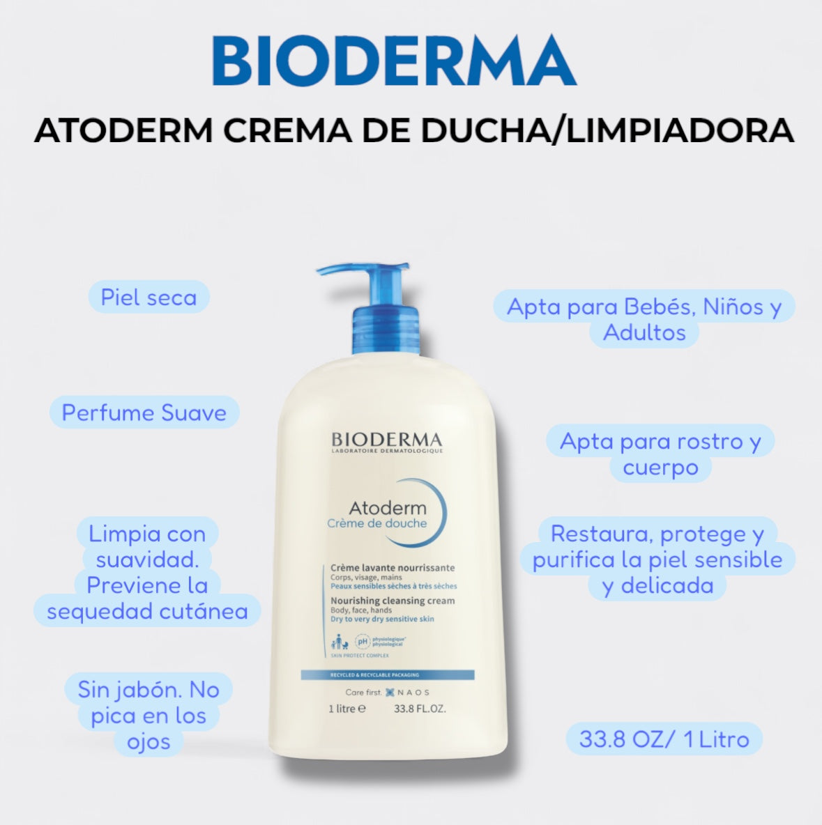 BIODERMA Atoderm Crema de Ducha/Limpiadora 1Litro 33.8 OZ (Piel Seca a muy Seca)